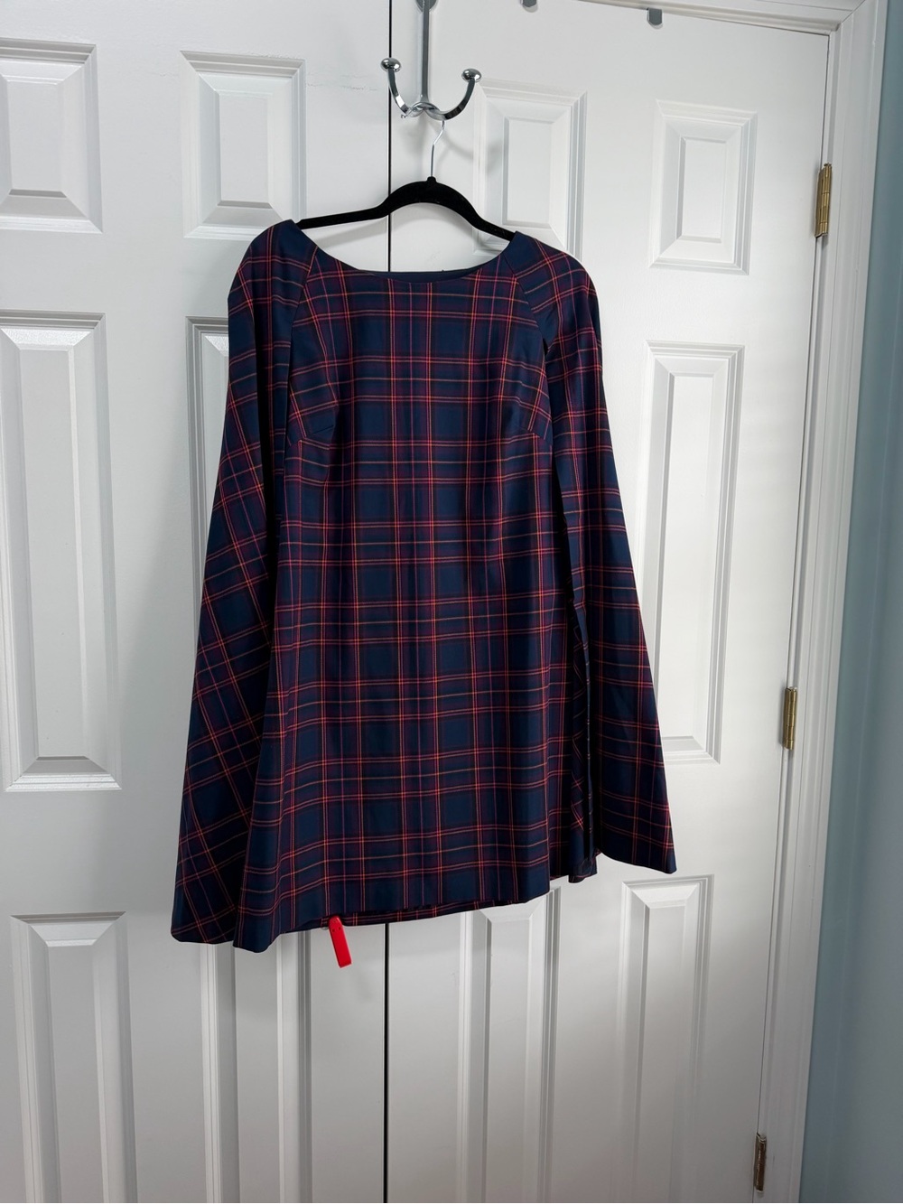Trina Turk Gizela Cape Dress in Navy and Red Plaid